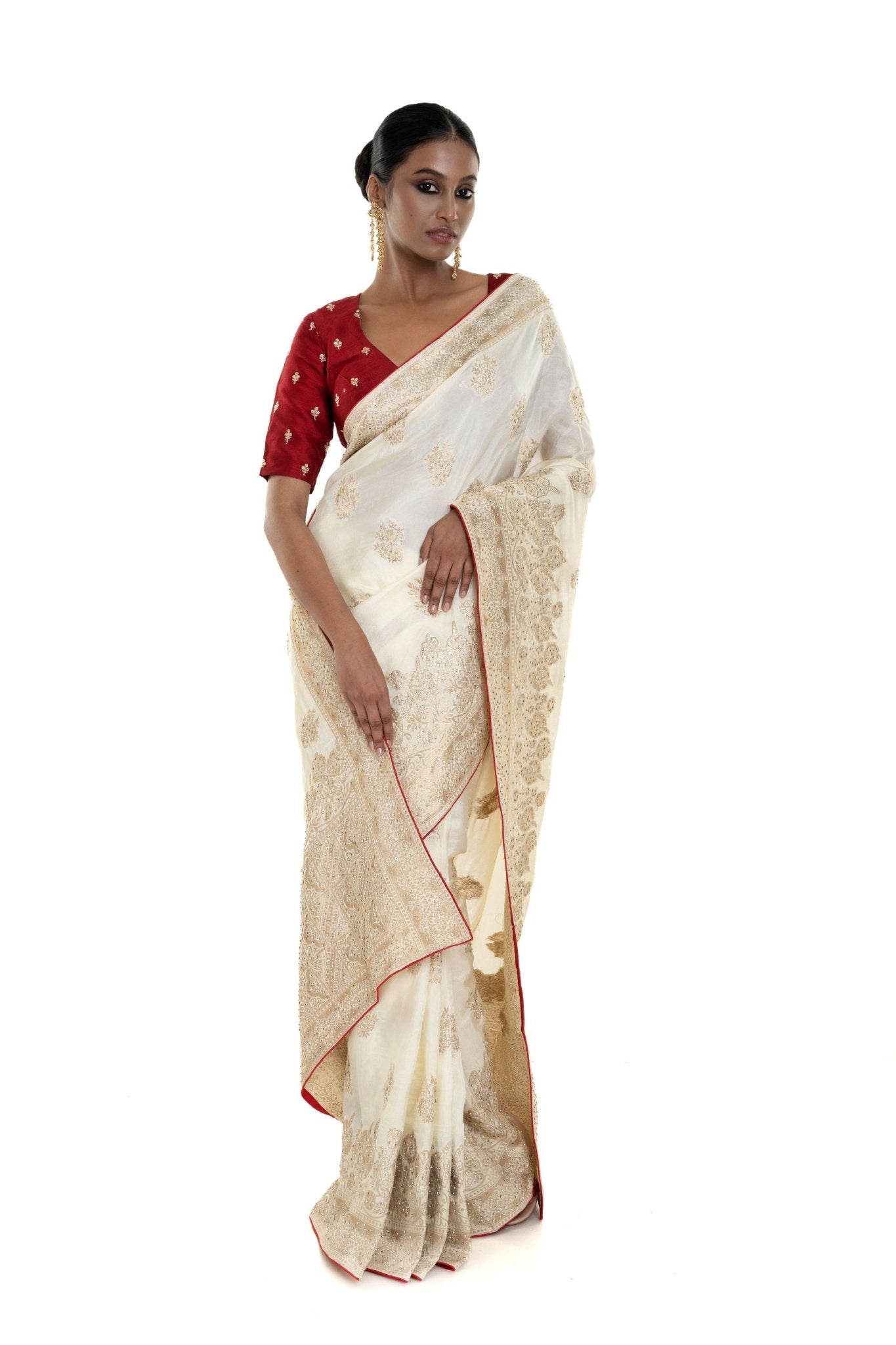 Pearl White and Gold Dola Silk Embroidered Saree with Stone Embellishment and Red Piping Border - Anvi Couture