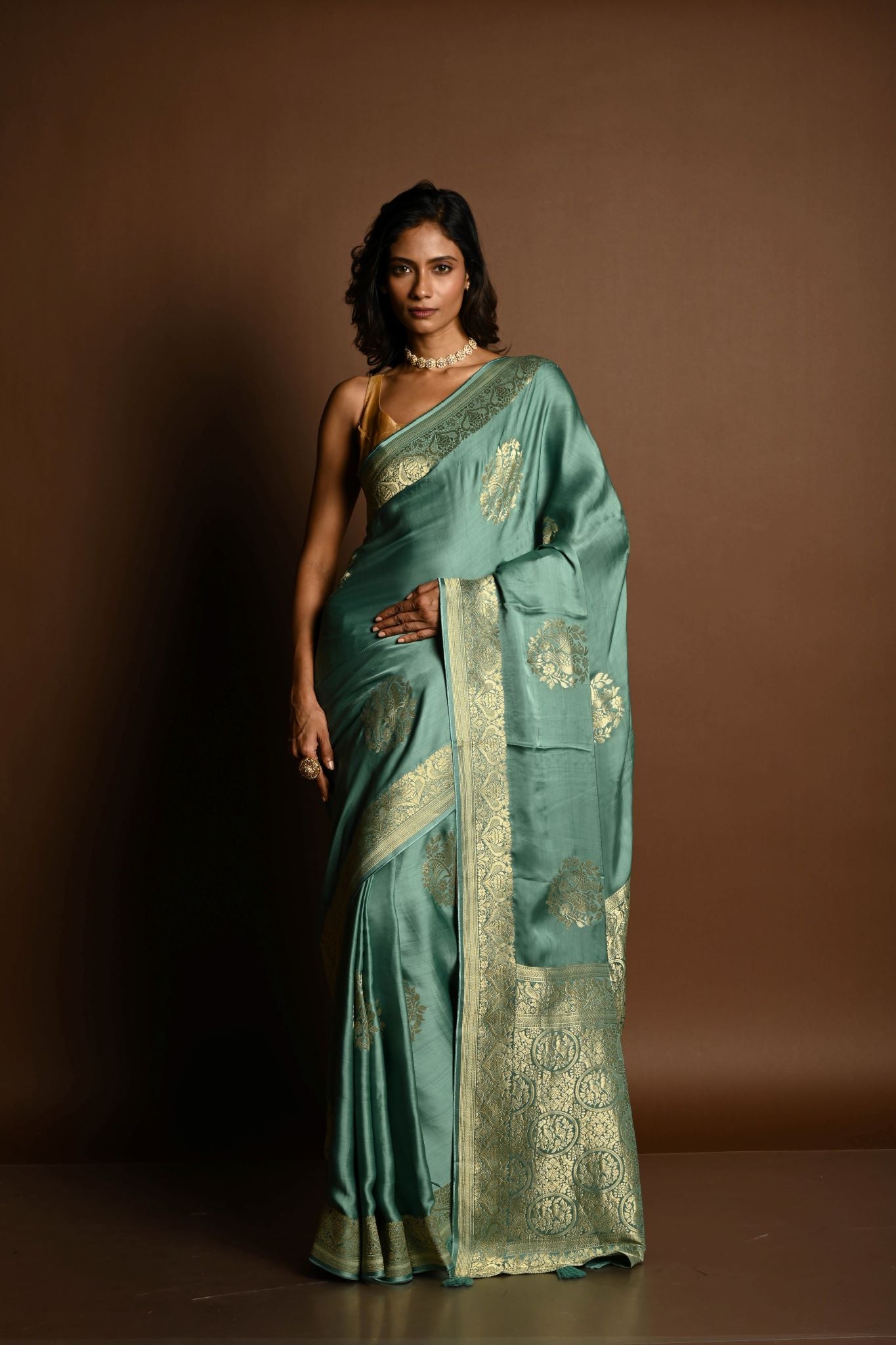 Aqua Blue  Mashru Satin Silk  Silver Zari Banarasi Handloom Saree - Anvi Couture