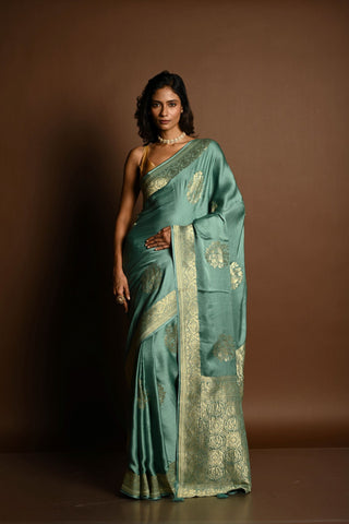 Aqua Blue Mashru Satin Silk Silver Zari Banarasi Handloom Saree