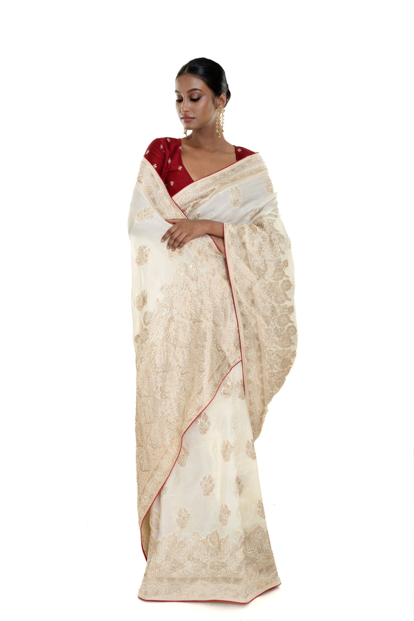 Pearl White and Gold Dola Silk Embroidered Saree with Stone Embellishment and Red Piping Border - Anvi Couture