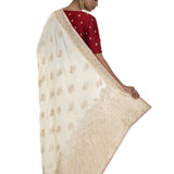 Pearl White and Gold Dola Silk Embroidered Saree with Stone Embellishment and Red Piping Border - Anvi Couture