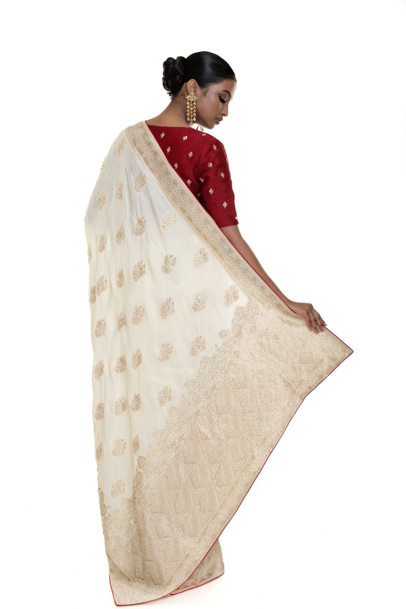 Pearl White and Gold Dola Silk Embroidered Saree with Stone Embellishment and Red Piping Border - Anvi Couture