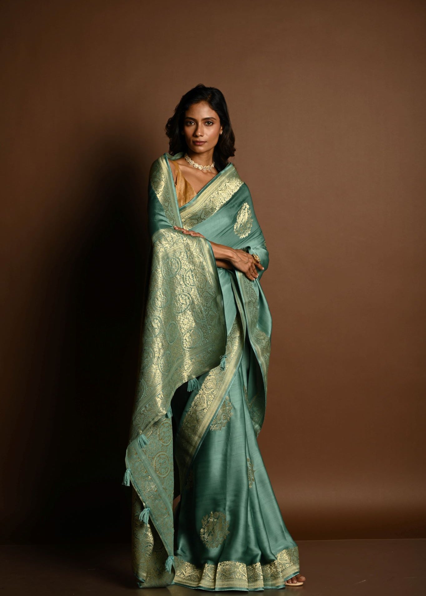 Aqua Blue  Mashru Satin Silk  Silver Zari Banarasi Handloom Saree - Anvi Couture