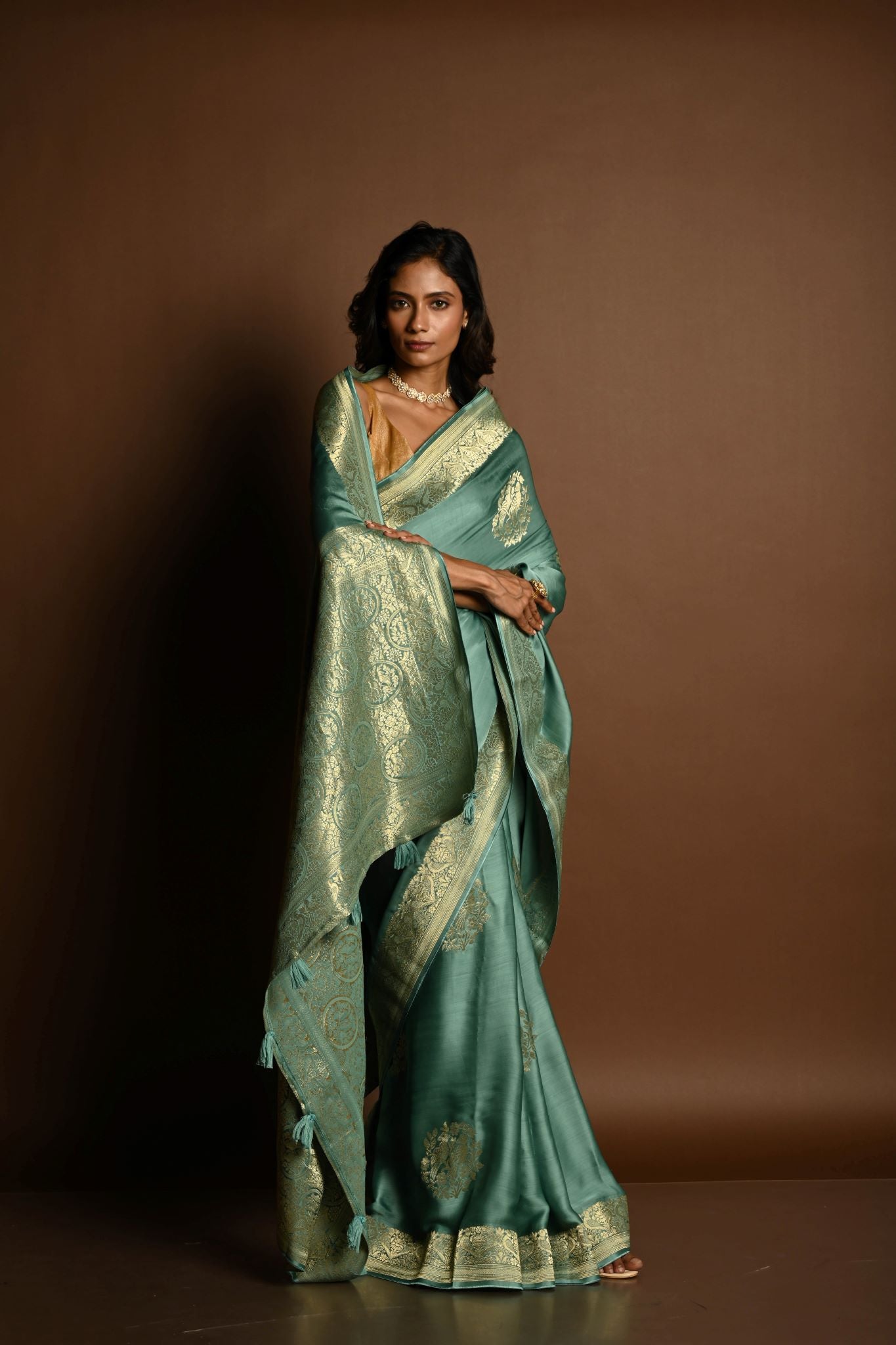 Aqua Blue  Mashru Satin Silk  Silver Zari Banarasi Handloom Saree - Anvi Couture