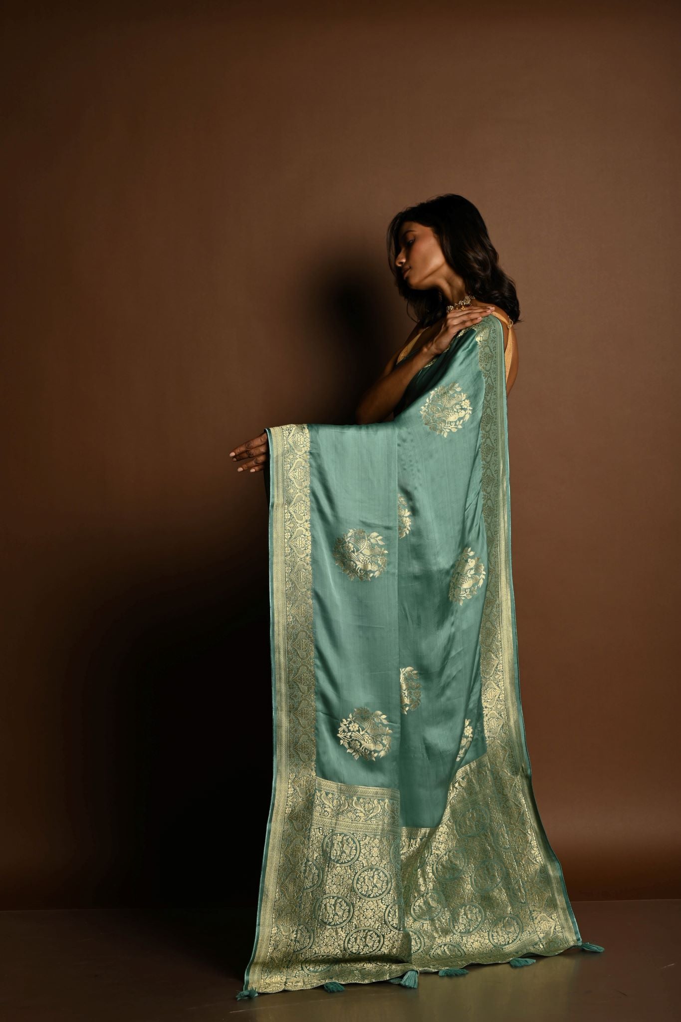 Aqua Blue  Mashru Satin Silk  Silver Zari Banarasi Handloom Saree - Anvi Couture