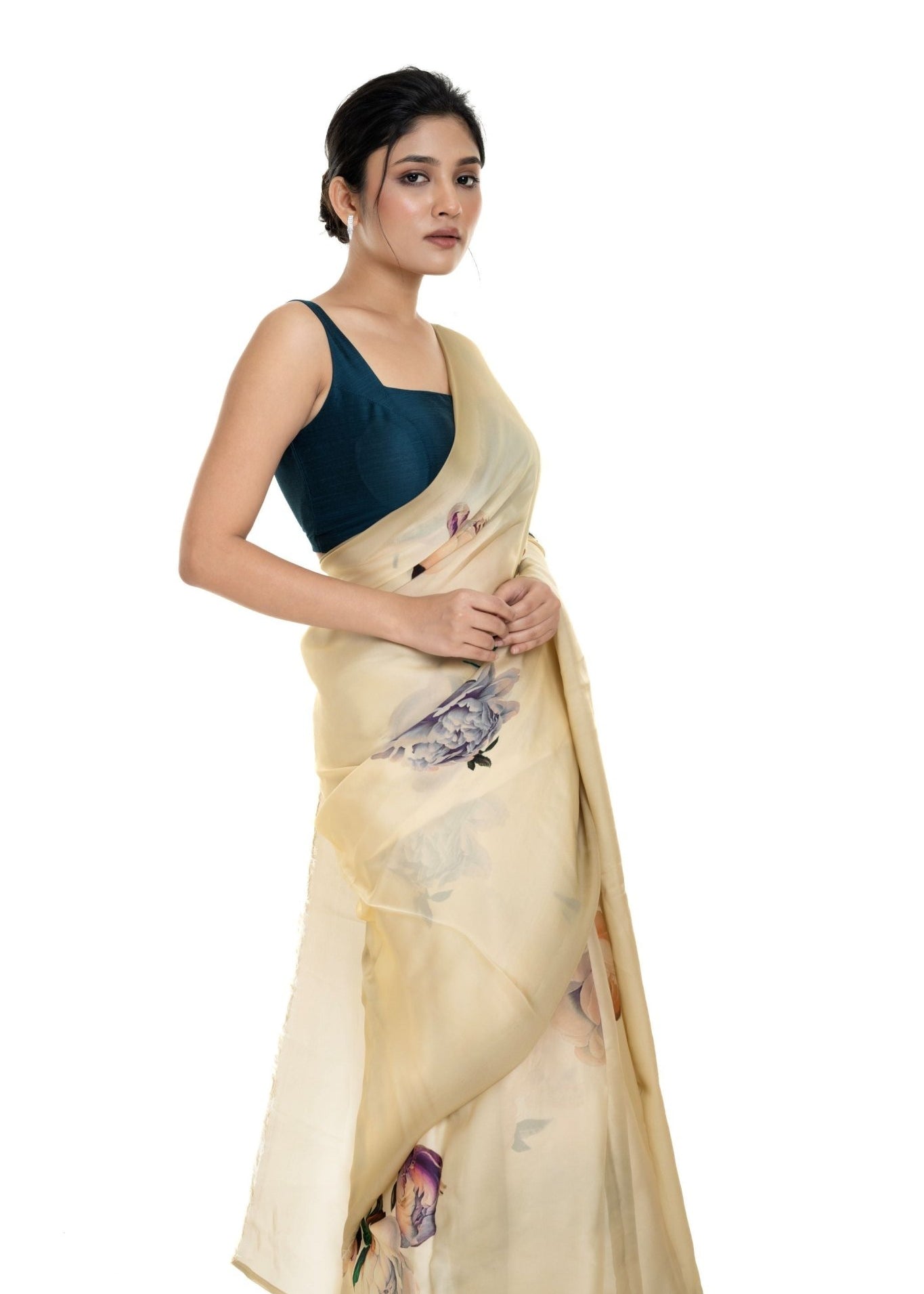 Ivory White Floral Painted Pure Organza Silk with Unstitch Blouse Piece - Image 3