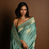 Aqua Blue  Mashru Satin Silk  Silver Zari Banarasi Handloom Saree - Anvi Couture