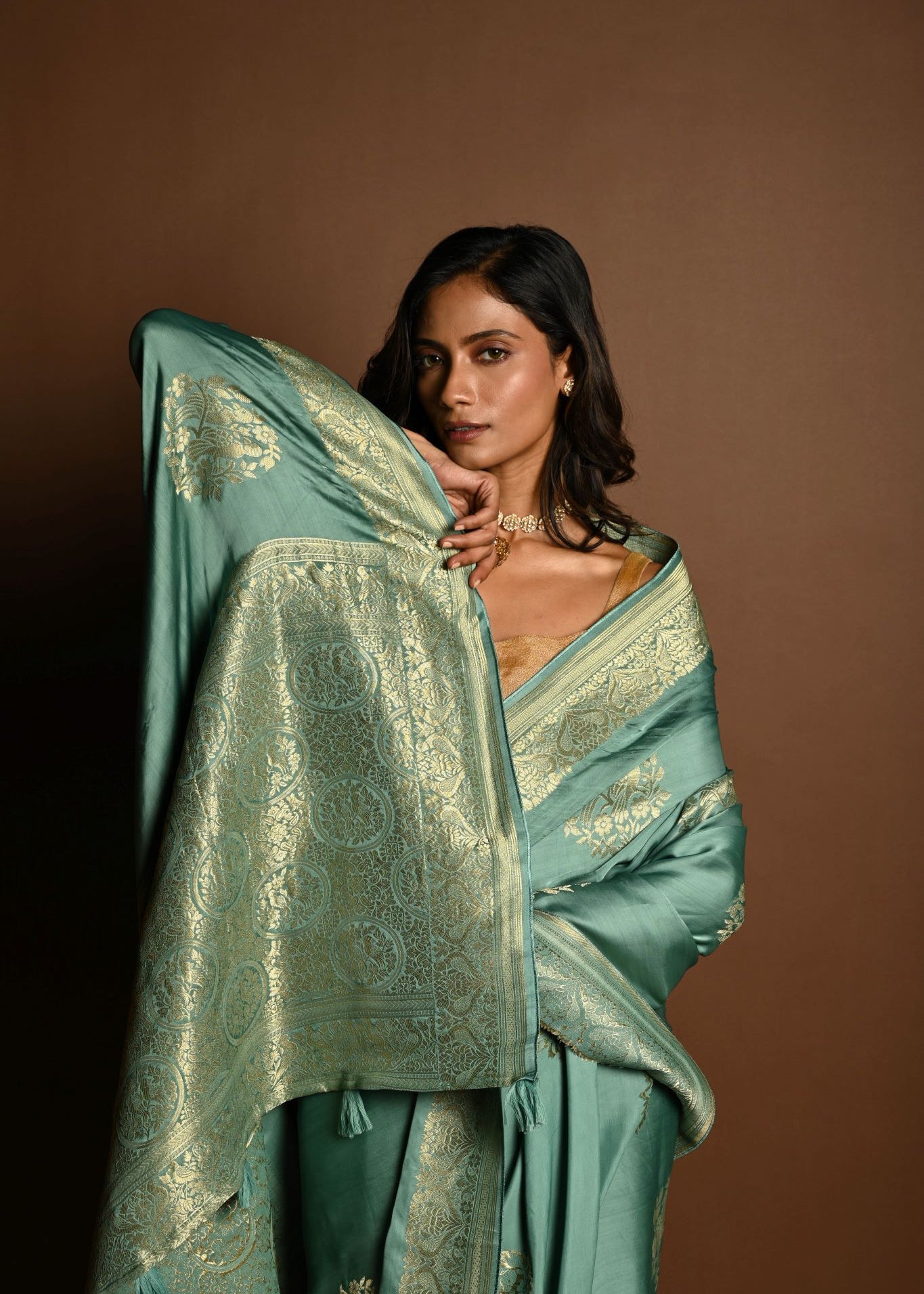 Aqua Blue  Mashru Satin Silk  Silver Zari Banarasi Handloom Saree - Anvi Couture