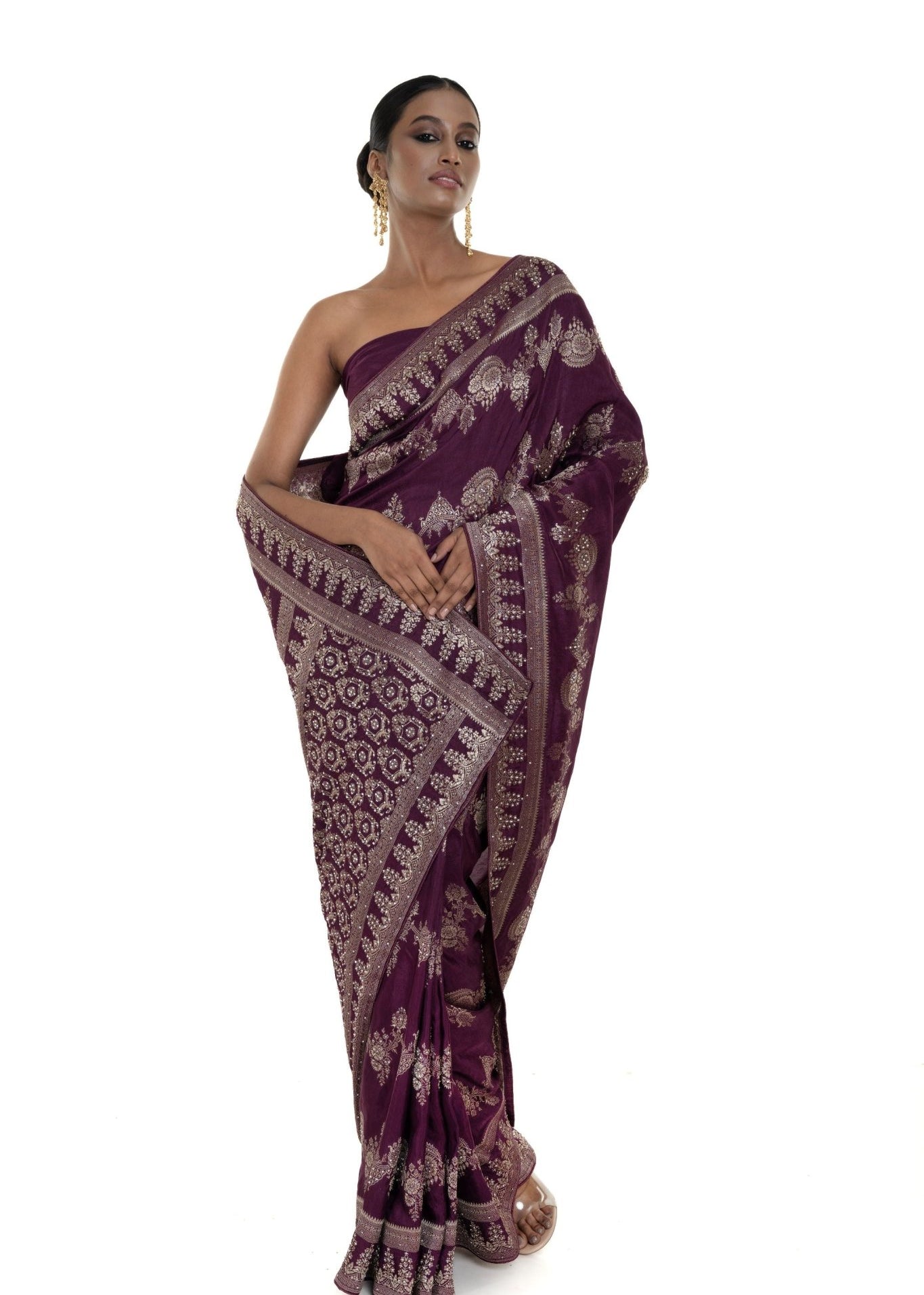 Wine Silk Woven Saree With Stonework and Unstitched Blouse Piece - Anvi Couture