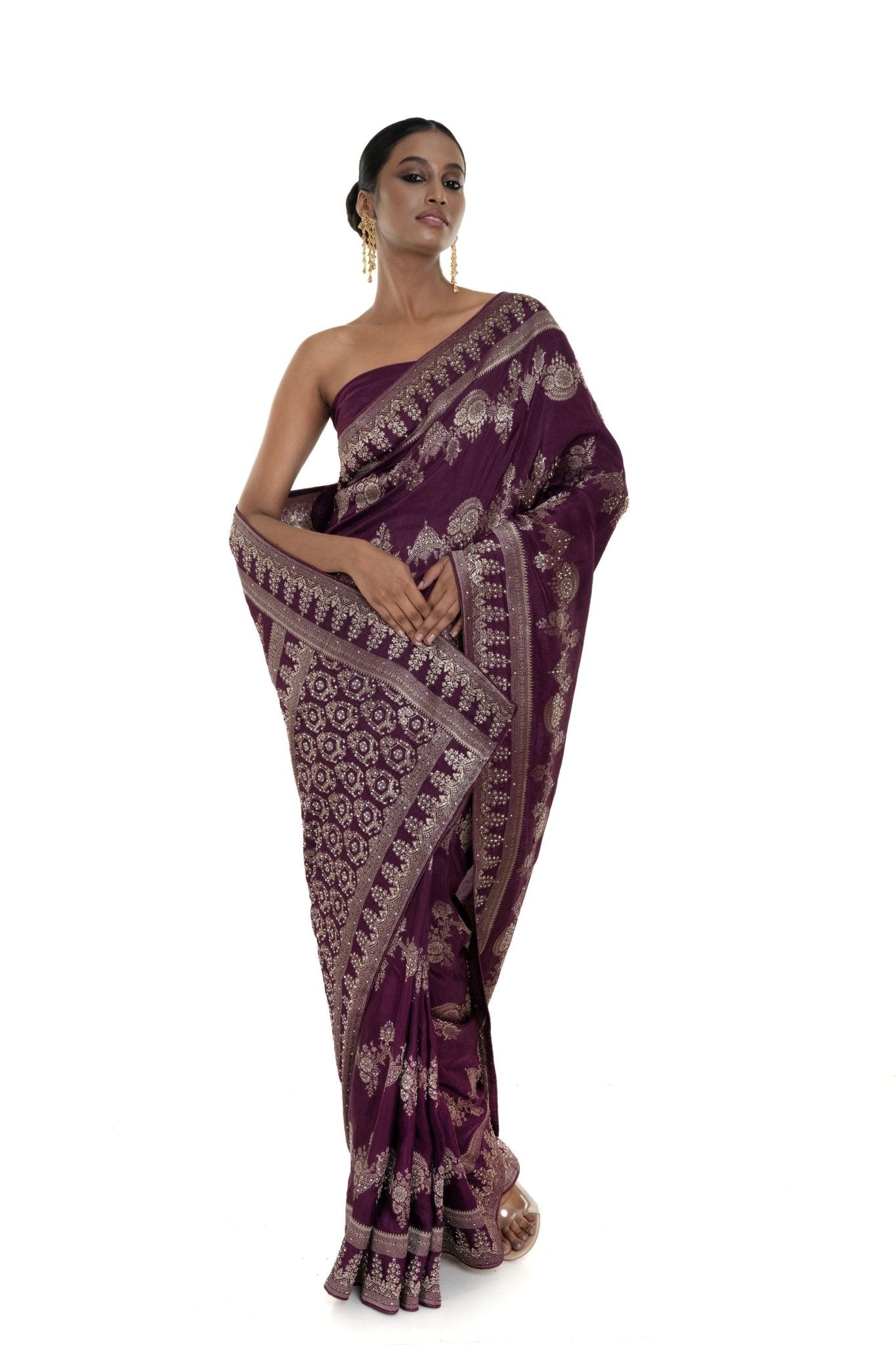 Wine Silk Woven Saree With Stonework and Unstitched Blouse Piece - Anvi Couture