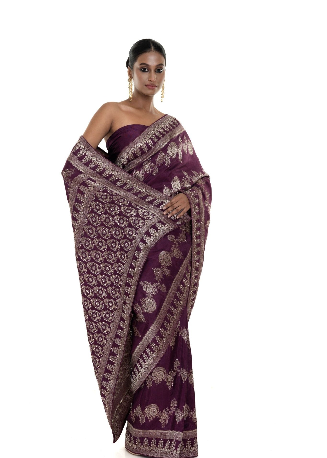 Wine Silk Woven Saree With Stonework and Unstitched Blouse Piece - Anvi Couture