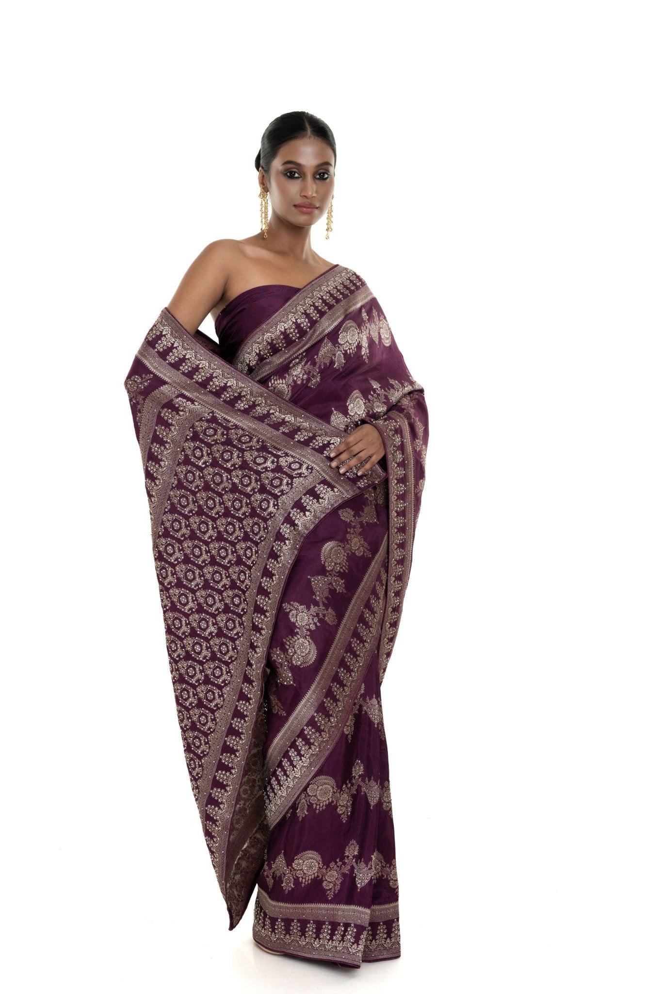 Wine Silk Woven Saree With Stonework and Unstitched Blouse Piece - Anvi Couture