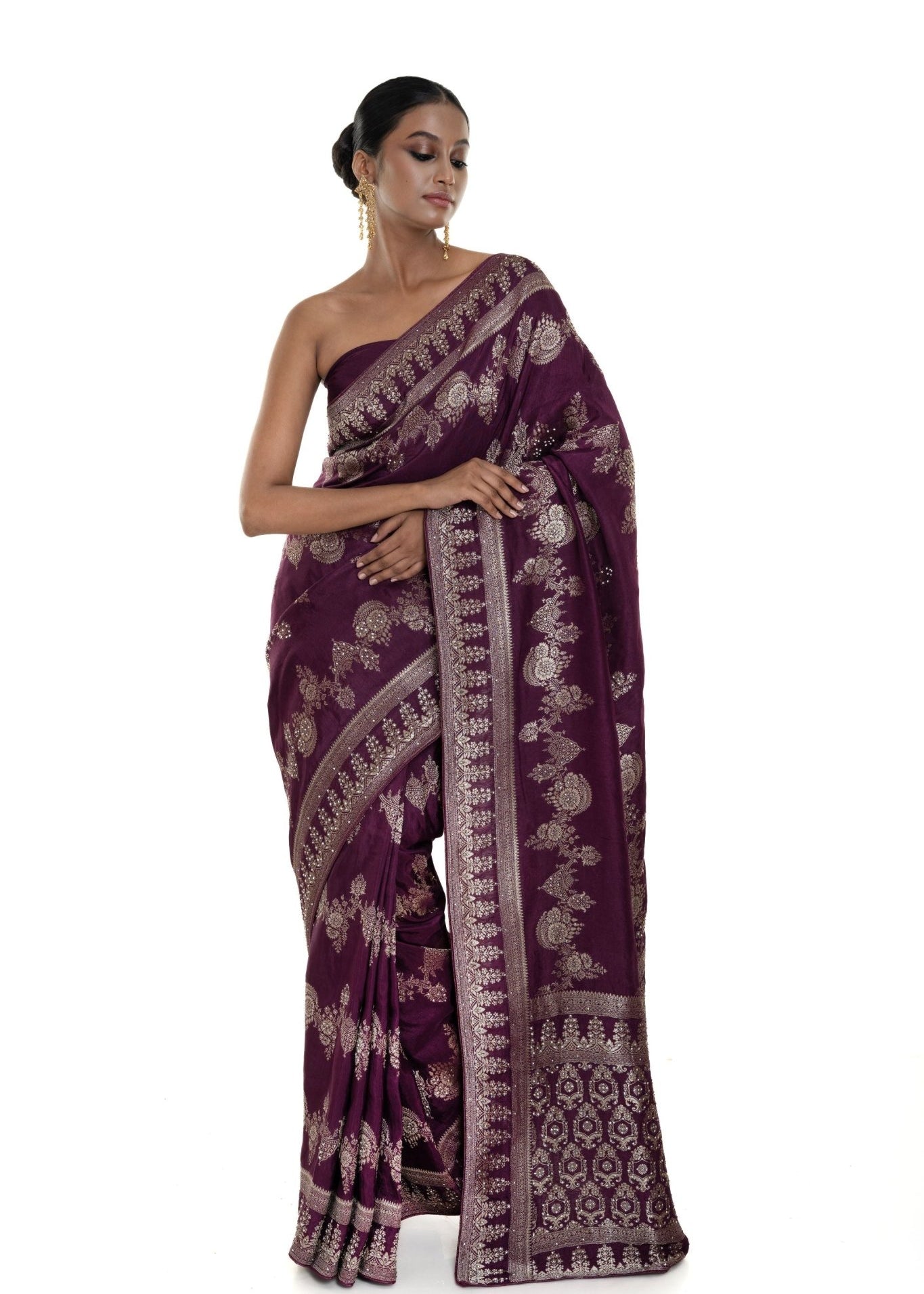 Wine Silk Woven Saree With Stonework and Unstitched Blouse Piece - Anvi Couture