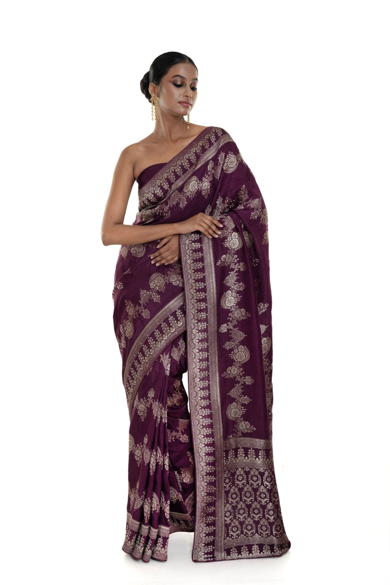 Wine Silk Woven Saree With Stonework and Unstitched Blouse Piece - Anvi Couture