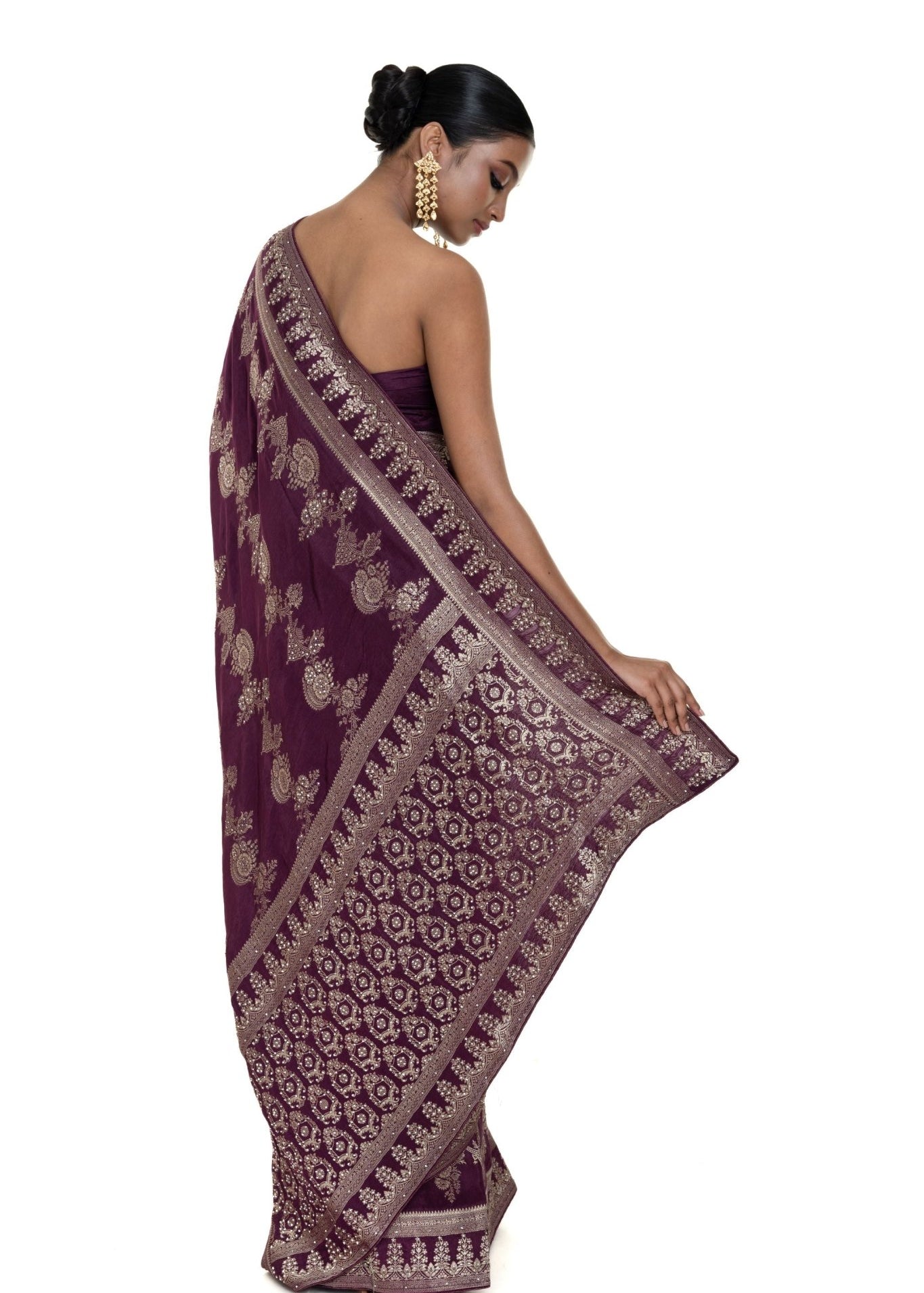 Wine Silk Woven Saree With Stonework and Unstitched Blouse Piece - Anvi Couture