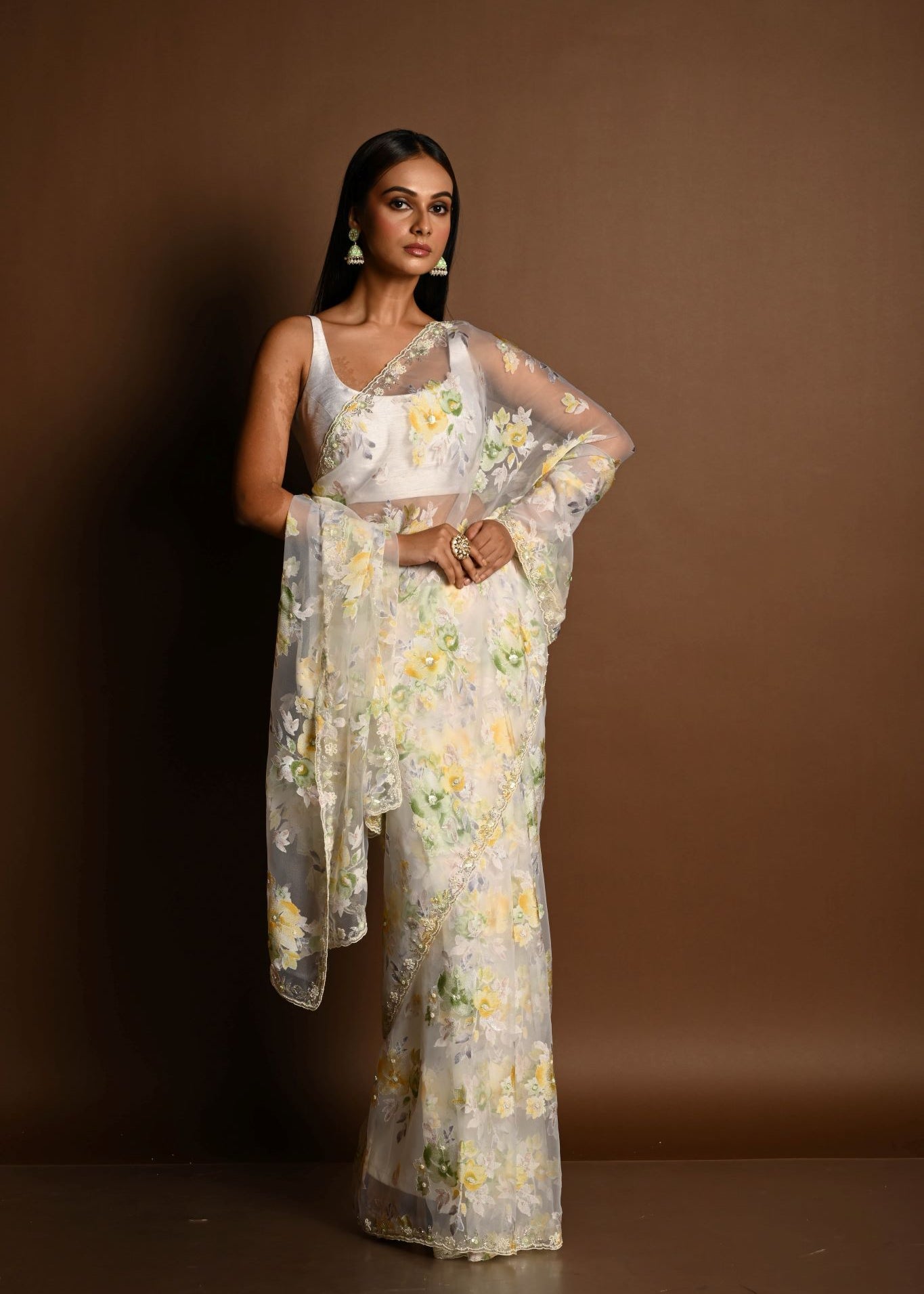 White Net Saree with Multicolored Floral Embroidery and Cutdana Border - Anvi Couture