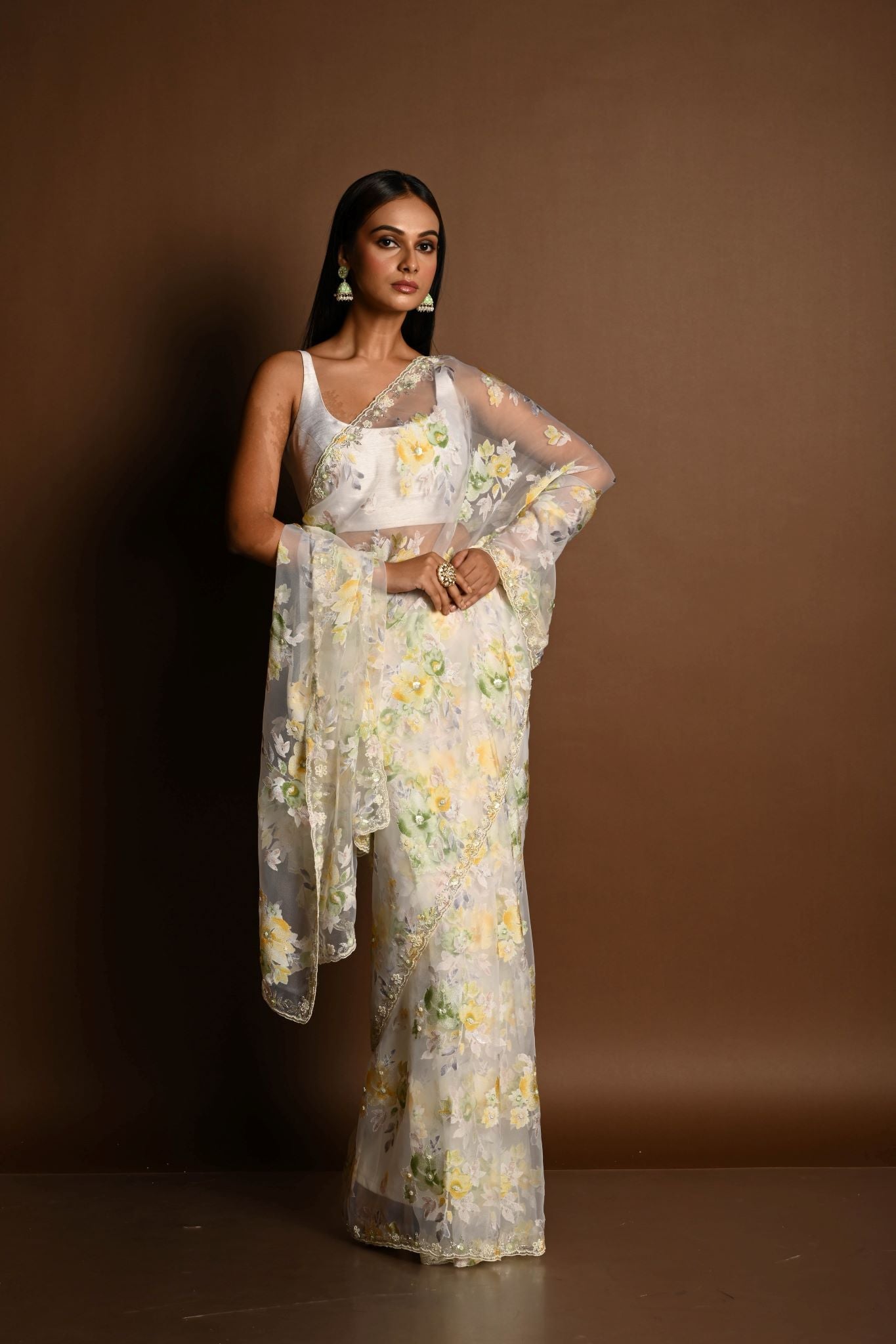 White Net Saree with Multicolored Floral Embroidery and Cutdana Border - Anvi Couture