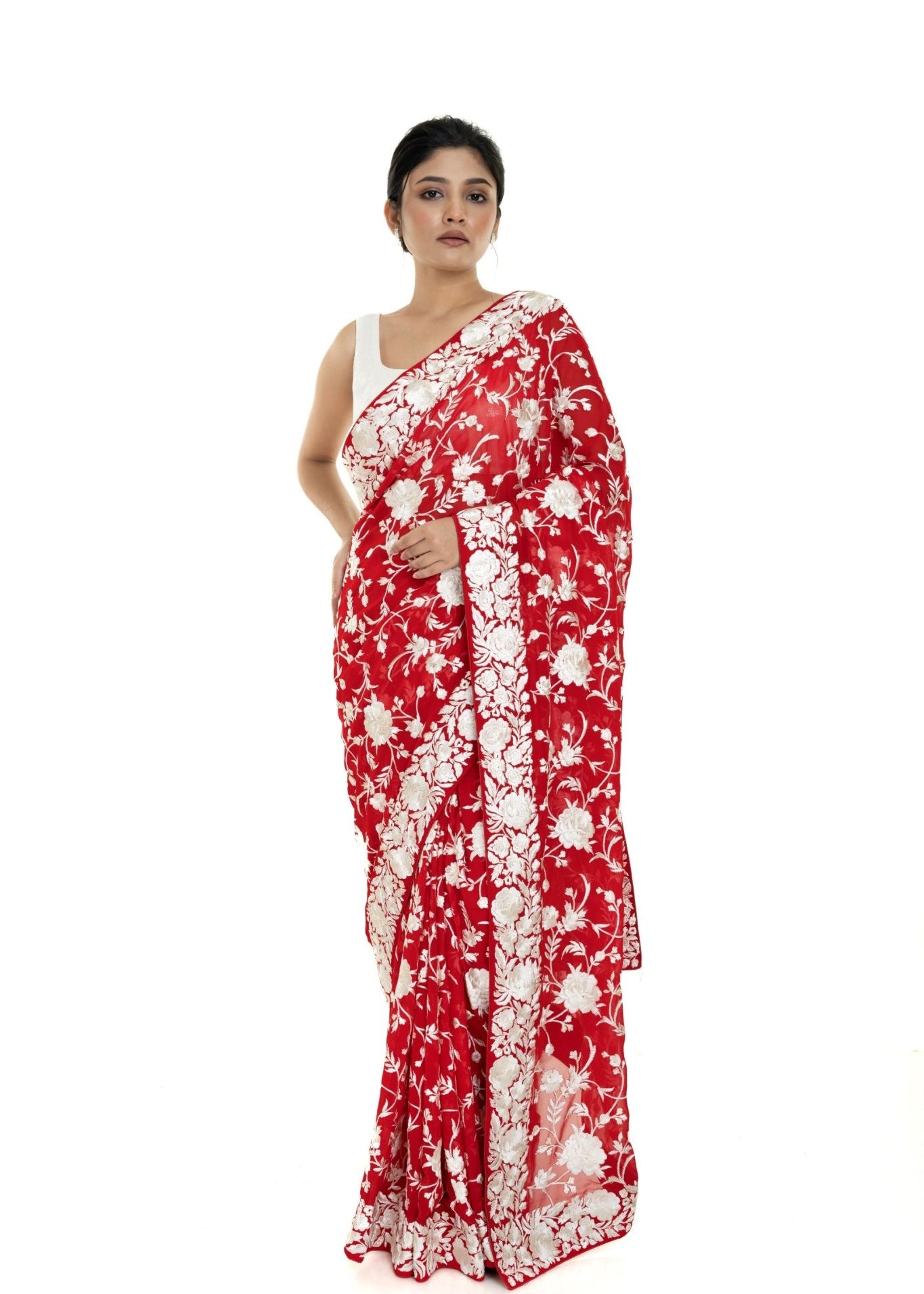 Red Georgette Parsi Gara Saree with Unstitched Blouse Piece - Anvi Couture