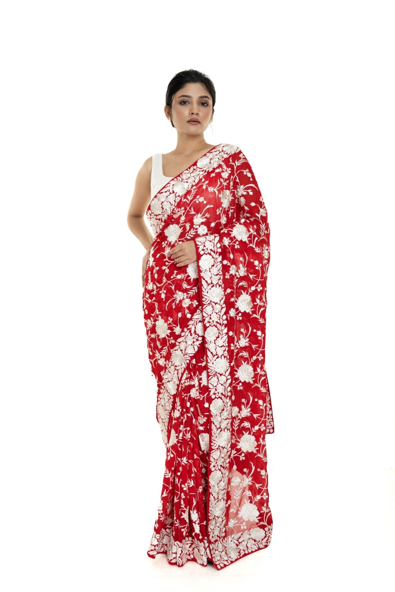 Red Georgette Parsi Gara Saree with Unstitched Blouse Piece - Anvi Couture