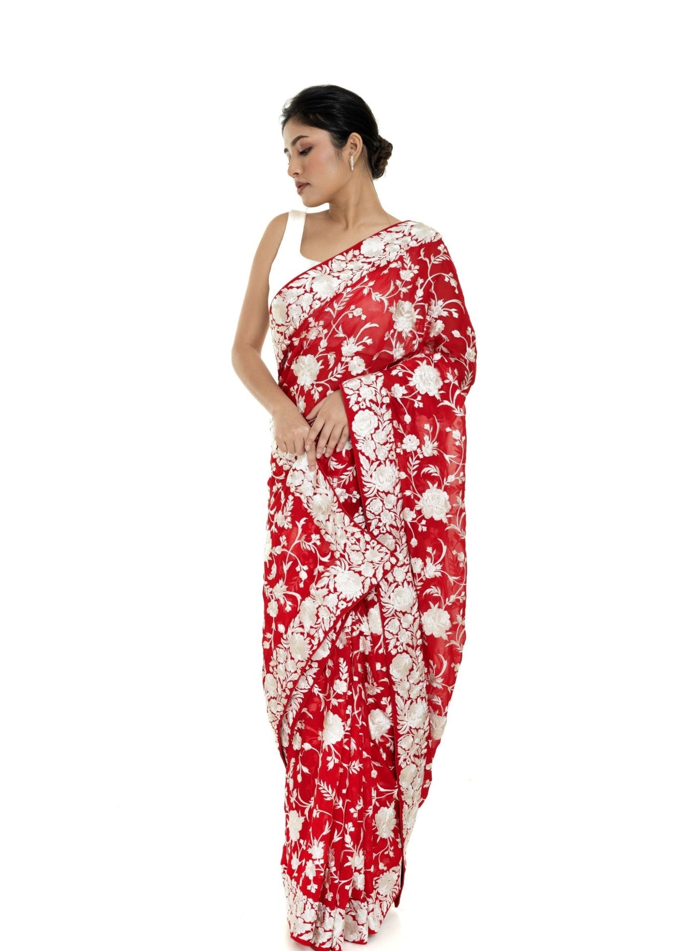 Red Georgette Parsi Gara Saree with Unstitched Blouse Piece - Anvi Couture