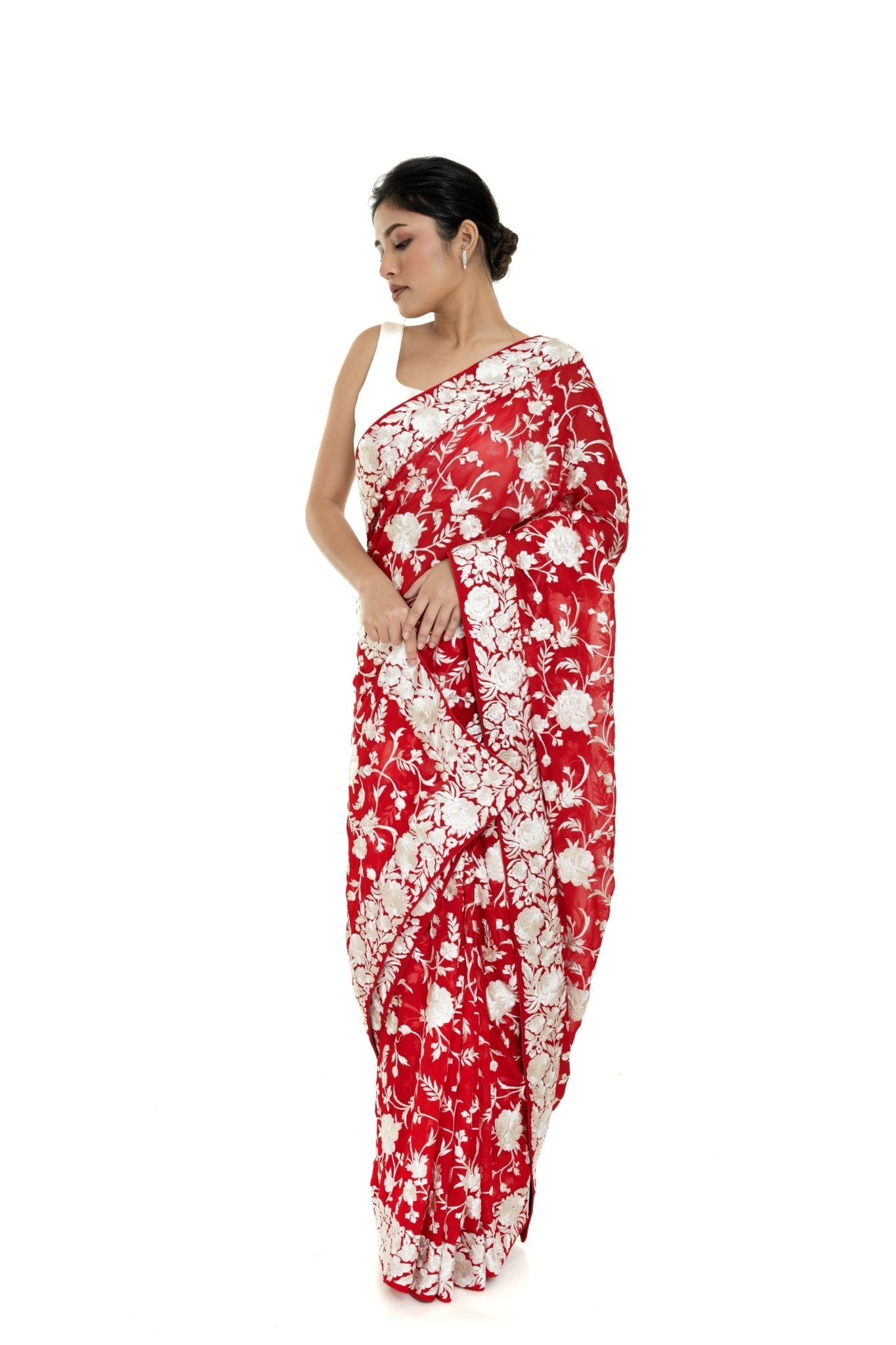 Red Georgette Parsi Gara Saree with Unstitched Blouse Piece - Anvi Couture