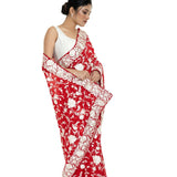 Red Georgette Parsi Gara Saree with Unstitched Blouse Piece - Anvi Couture