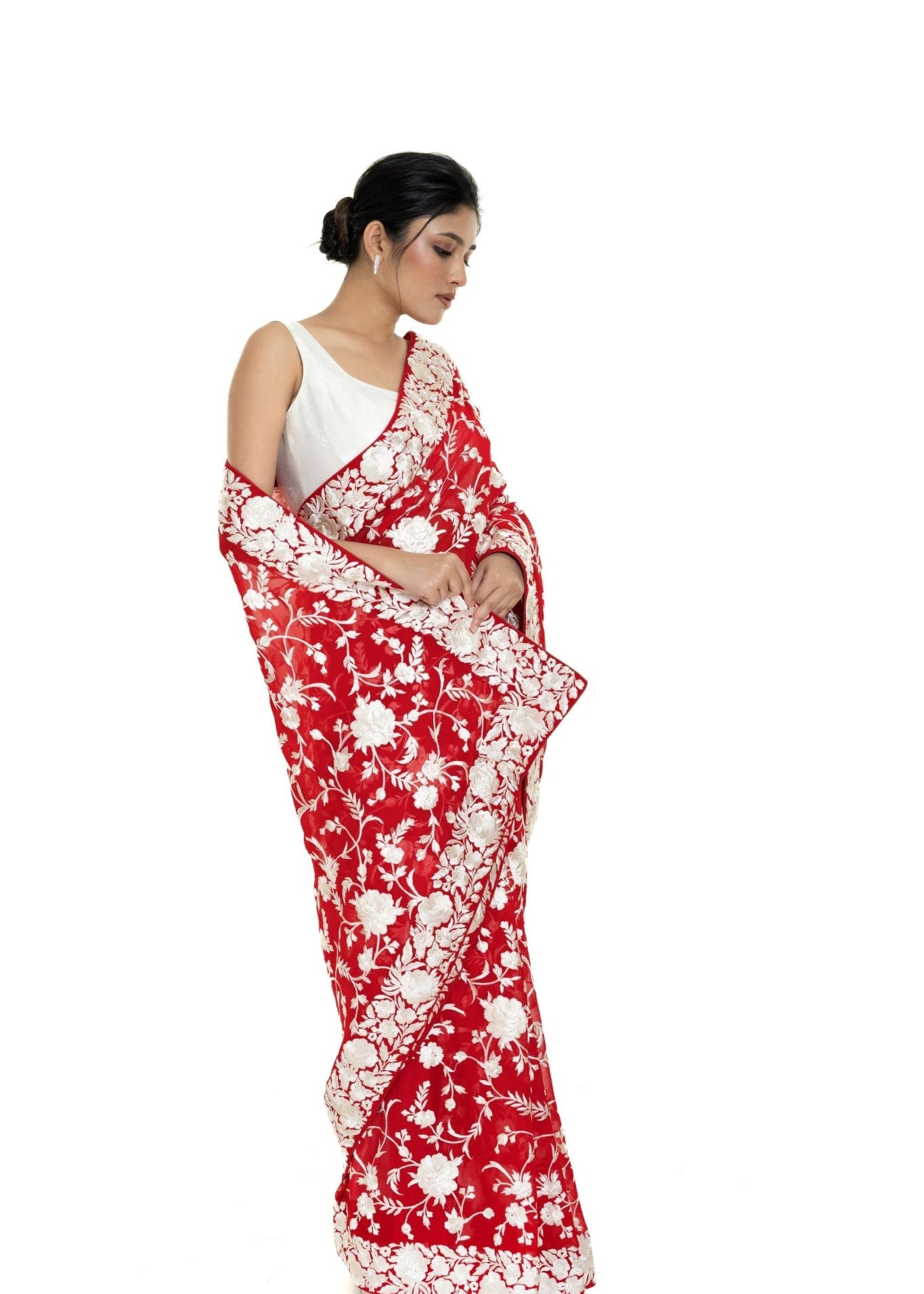 Red Georgette Parsi Gara Saree with Unstitched Blouse Piece - Anvi Couture