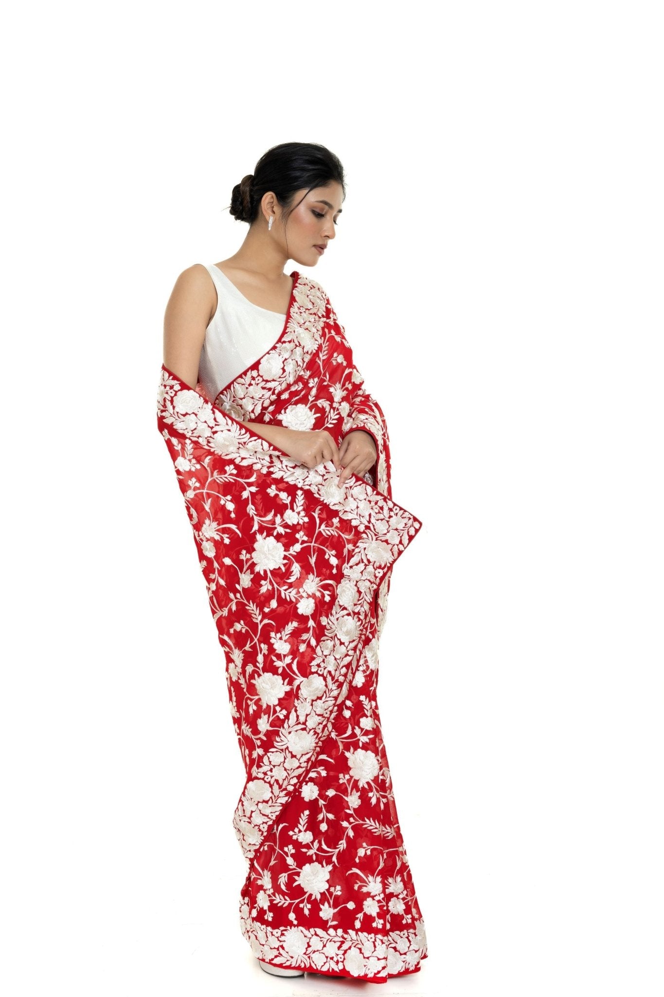 Red Georgette Parsi Gara Saree with Unstitched Blouse Piece - Anvi Couture