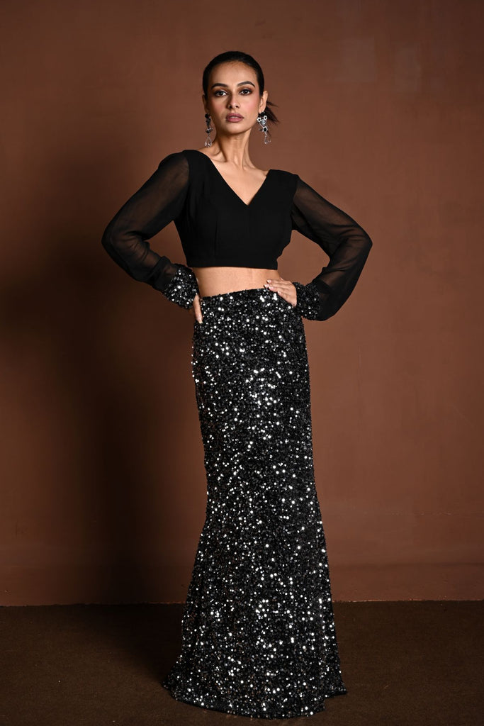 Black Sequin Mermaid Style Lehenga with Black Full Sleeve Gorgeous Top