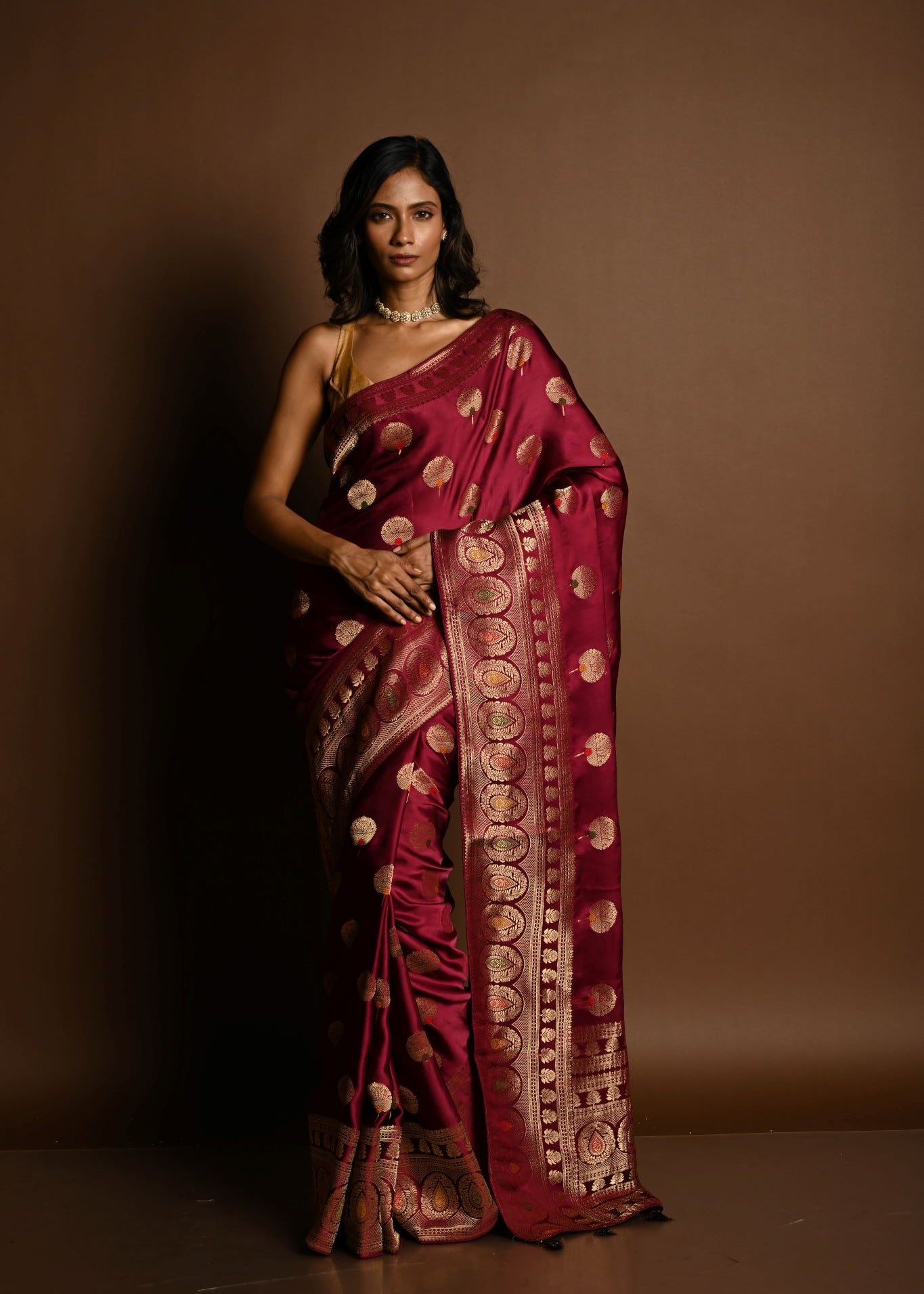 Wine Red Meenakari Mashru Satin Silk Handloom Banarasi Saree - Anvi Couture