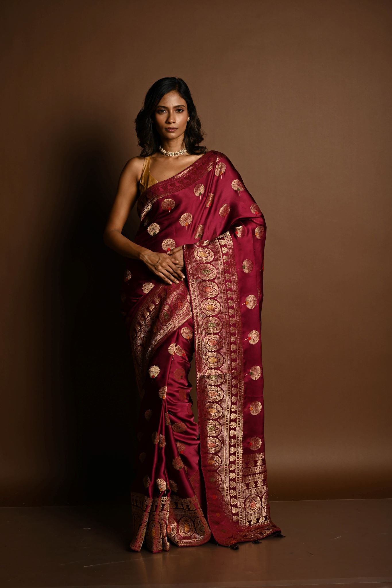 Wine Red Meenakari Mashru Satin Silk Handloom Banarasi Saree - Anvi Couture