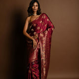 Wine Red Meenakari Mashru Satin Silk Handloom Banarasi Saree - Anvi Couture