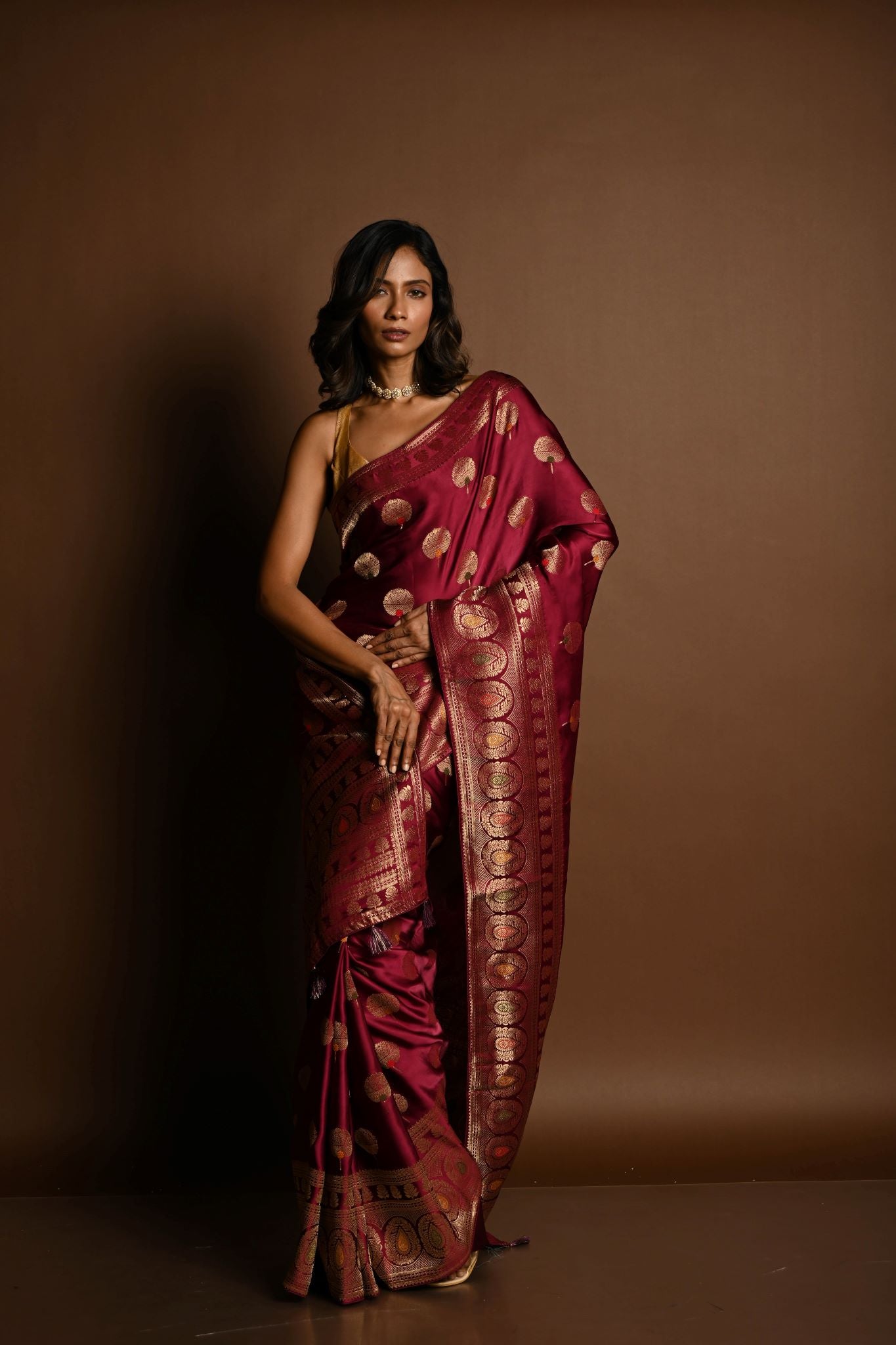 Wine Red Meenakari Mashru Satin Silk Handloom Banarasi Saree - Anvi Couture