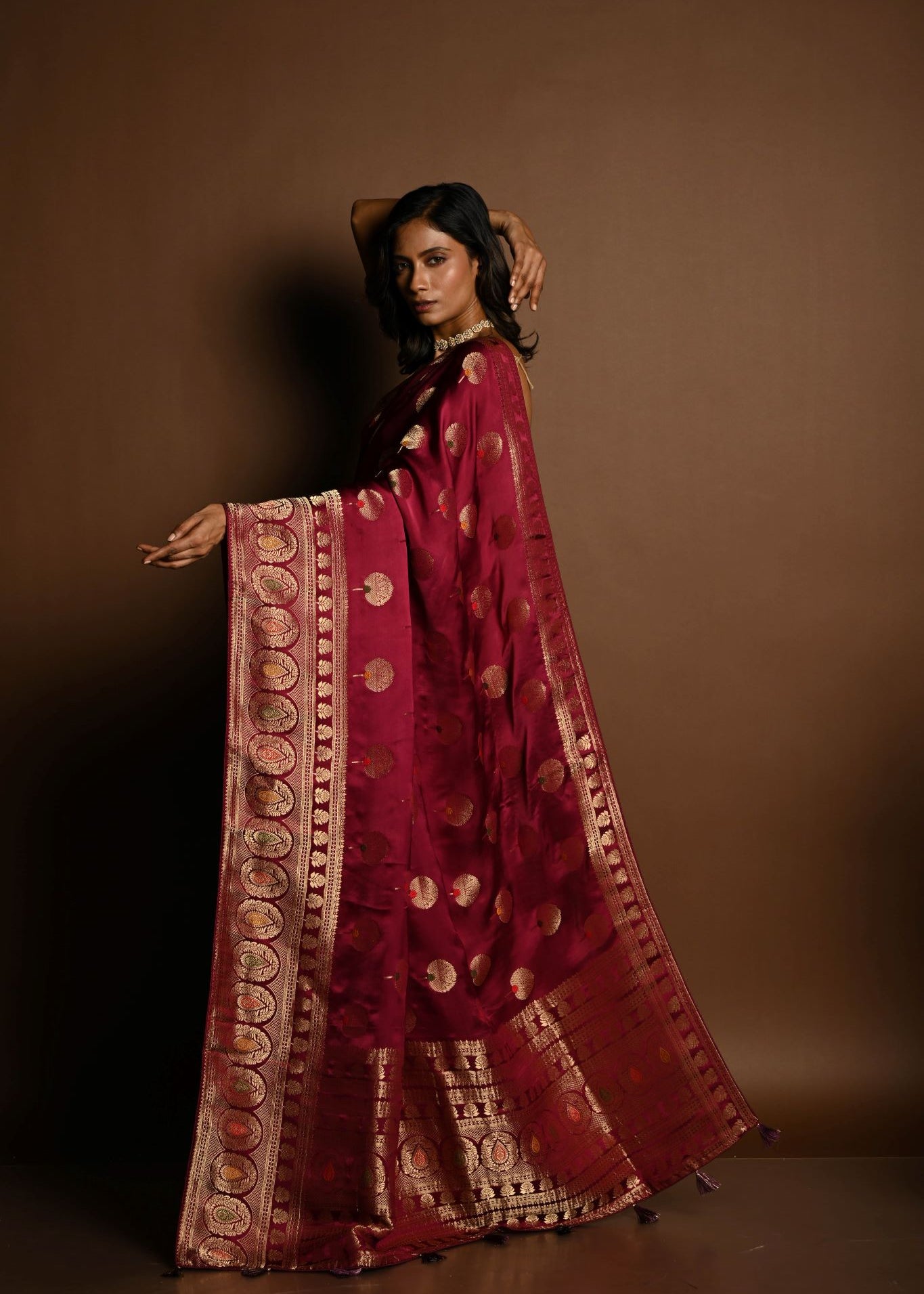 Wine Red Meenakari Mashru Satin Silk Handloom Banarasi Saree - Anvi Couture