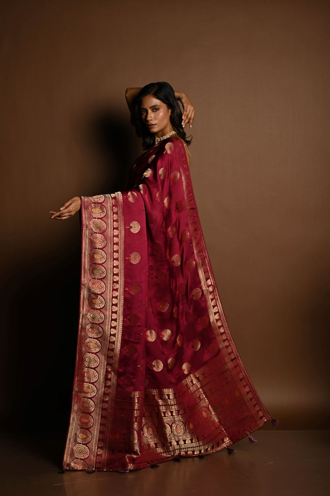 Wine Red Meenakari Mashru Satin Silk Handloom Banarasi Saree - Anvi Couture