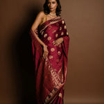 Wine Red Meenakari Mashru Satin Silk Handloom Banarasi Saree - Anvi Couture