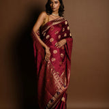 Wine Red Meenakari Mashru Satin Silk Handloom Banarasi Saree - Anvi Couture