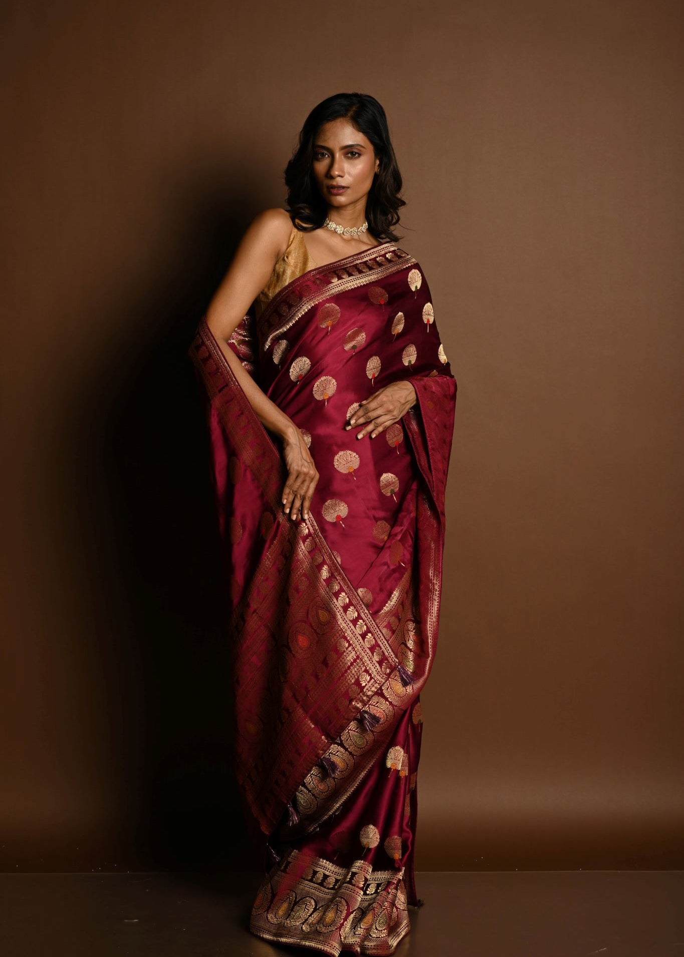 Wine Red Meenakari Mashru Satin Silk Handloom Banarasi Saree - Anvi Couture