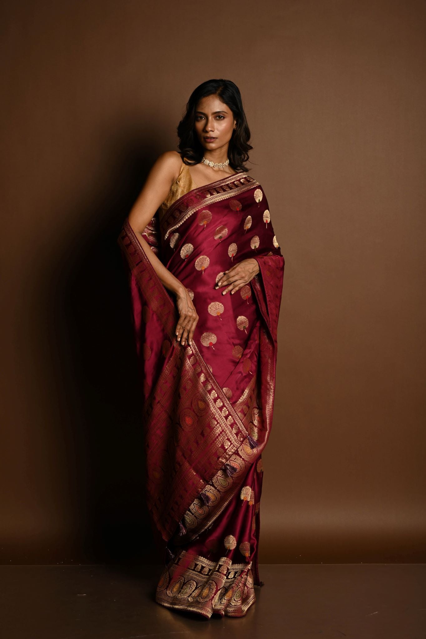 Wine Red Meenakari Mashru Satin Silk Handloom Banarasi Saree - Anvi Couture