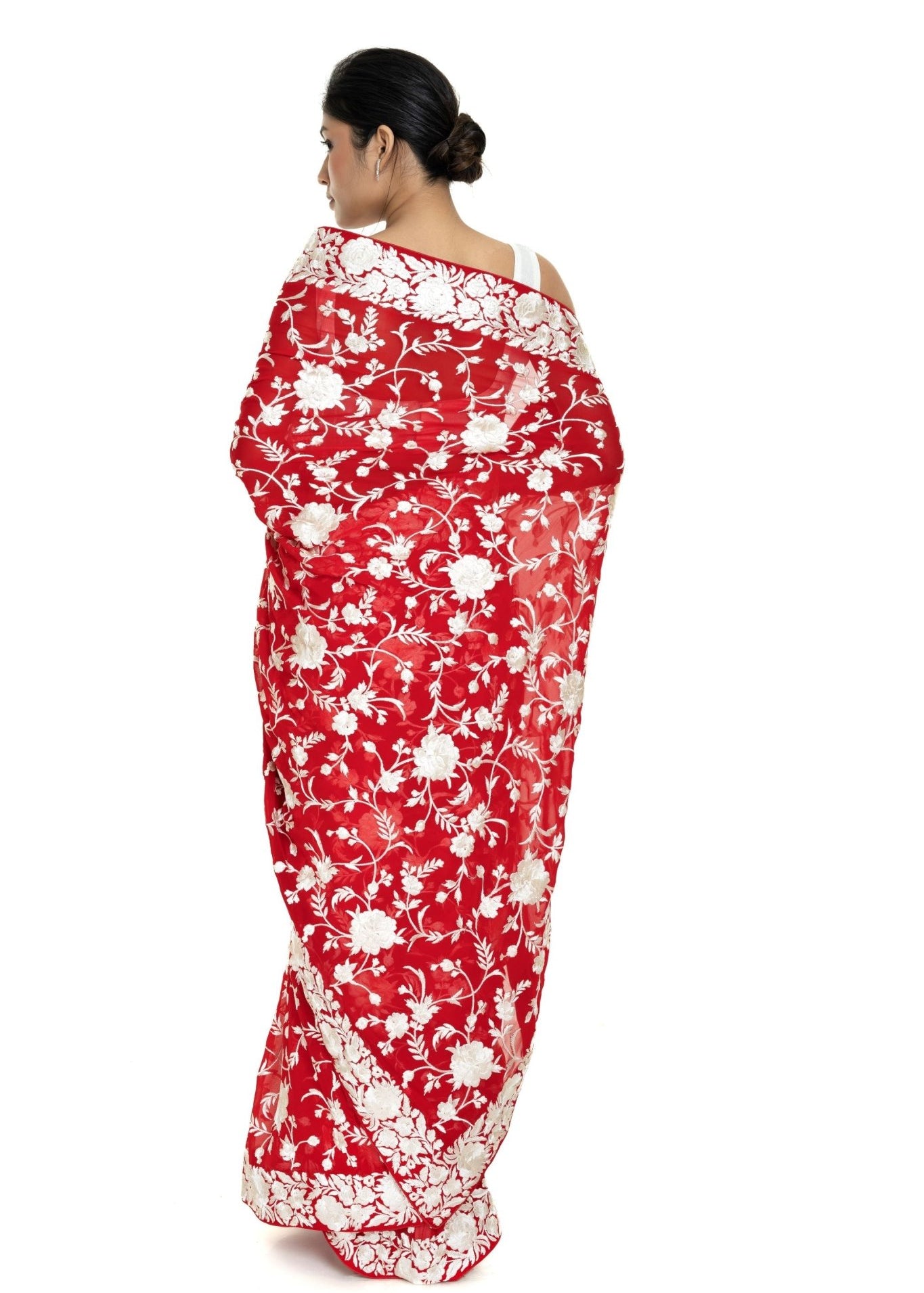 Red Georgette Parsi Gara Saree with Unstitched Blouse Piece - Anvi Couture