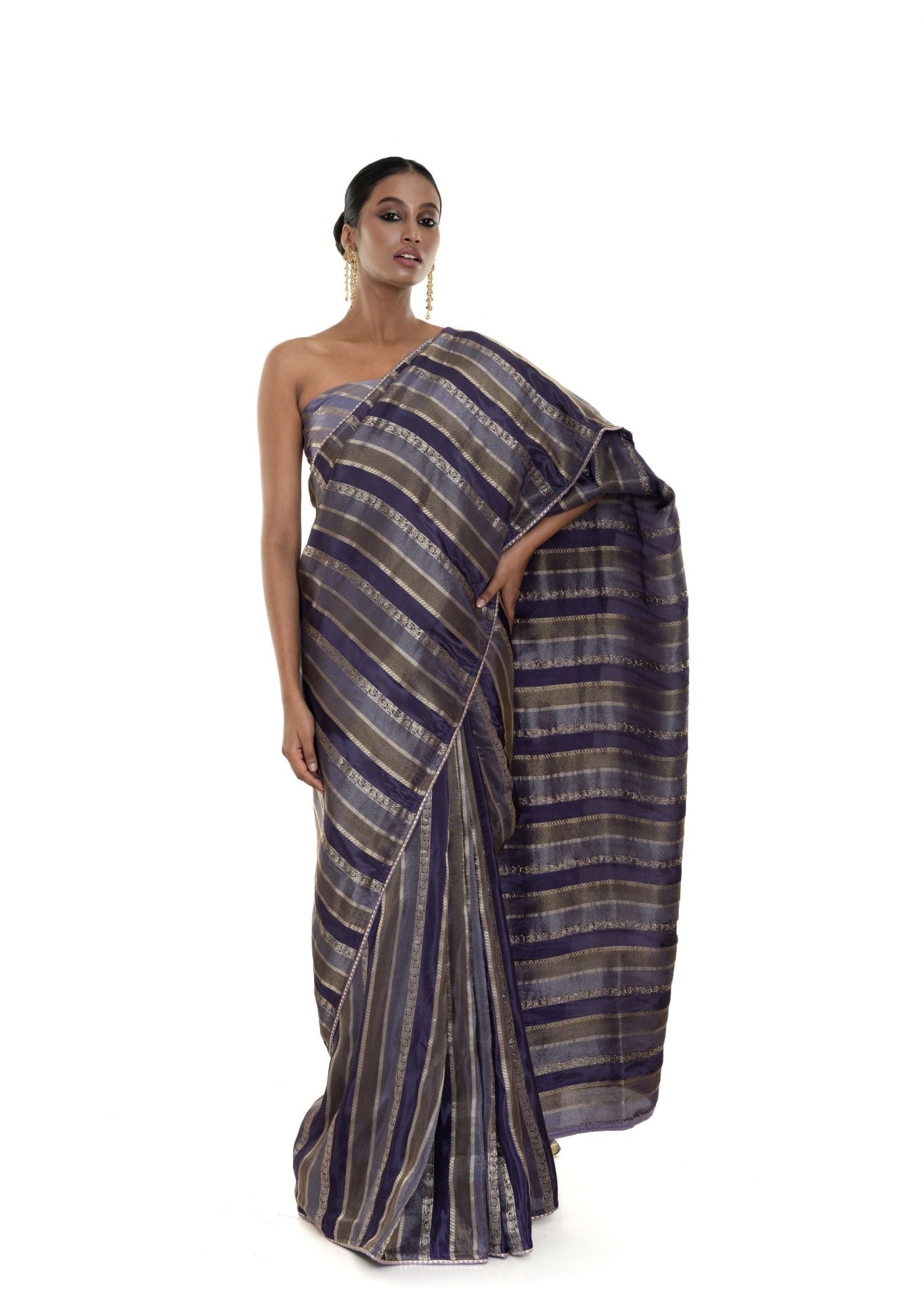 Blue and Silver Striped Woven Silk Saree with Unstitched Blouse Piece - Anvi Couture