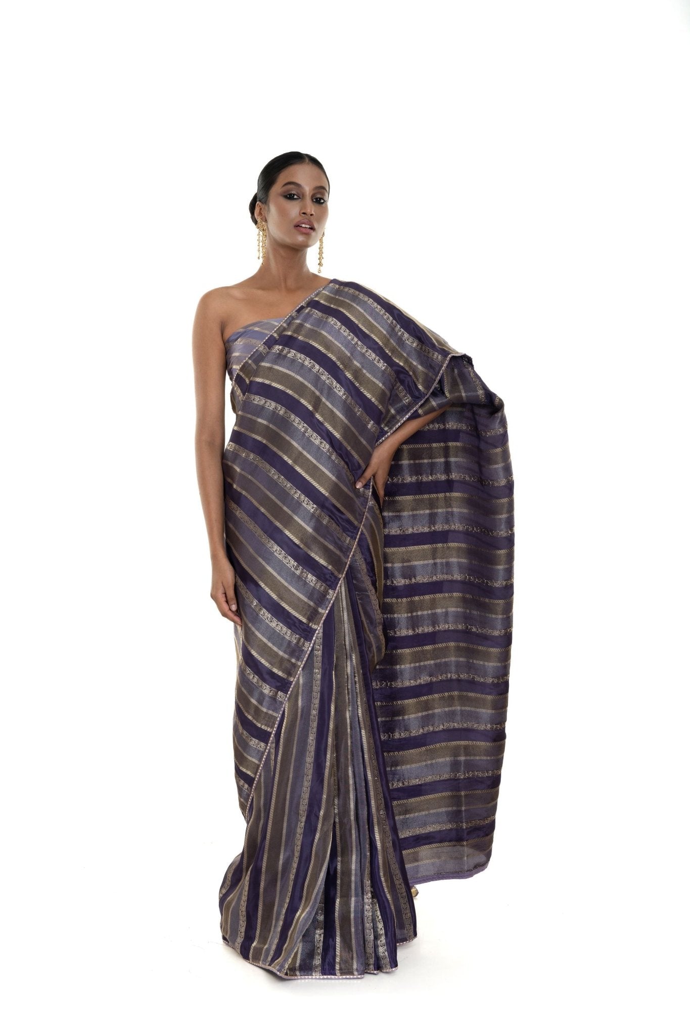 Blue and Silver Striped Woven Silk Saree with Unstitched Blouse Piece - Anvi Couture