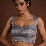 Gray Sleeveless Blouse in Brocade Silk with Back Closure - Anvi Couture