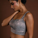 Gray Sleeveless Blouse in Brocade Silk with Back Closure - Anvi Couture