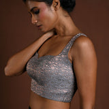 Gray Sleeveless Blouse in Brocade Silk with Back Closure - Anvi Couture