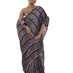 Blue and Silver Striped Woven Silk Saree with Unstitched Blouse Piece - Anvi Couture