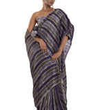 Blue and Silver Striped Woven Silk Saree with Unstitched Blouse Piece - Anvi Couture