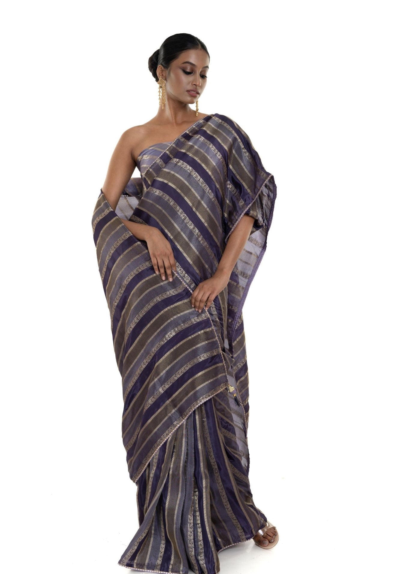 Blue and Silver Striped Woven Silk Saree with Unstitched Blouse Piece - Anvi Couture