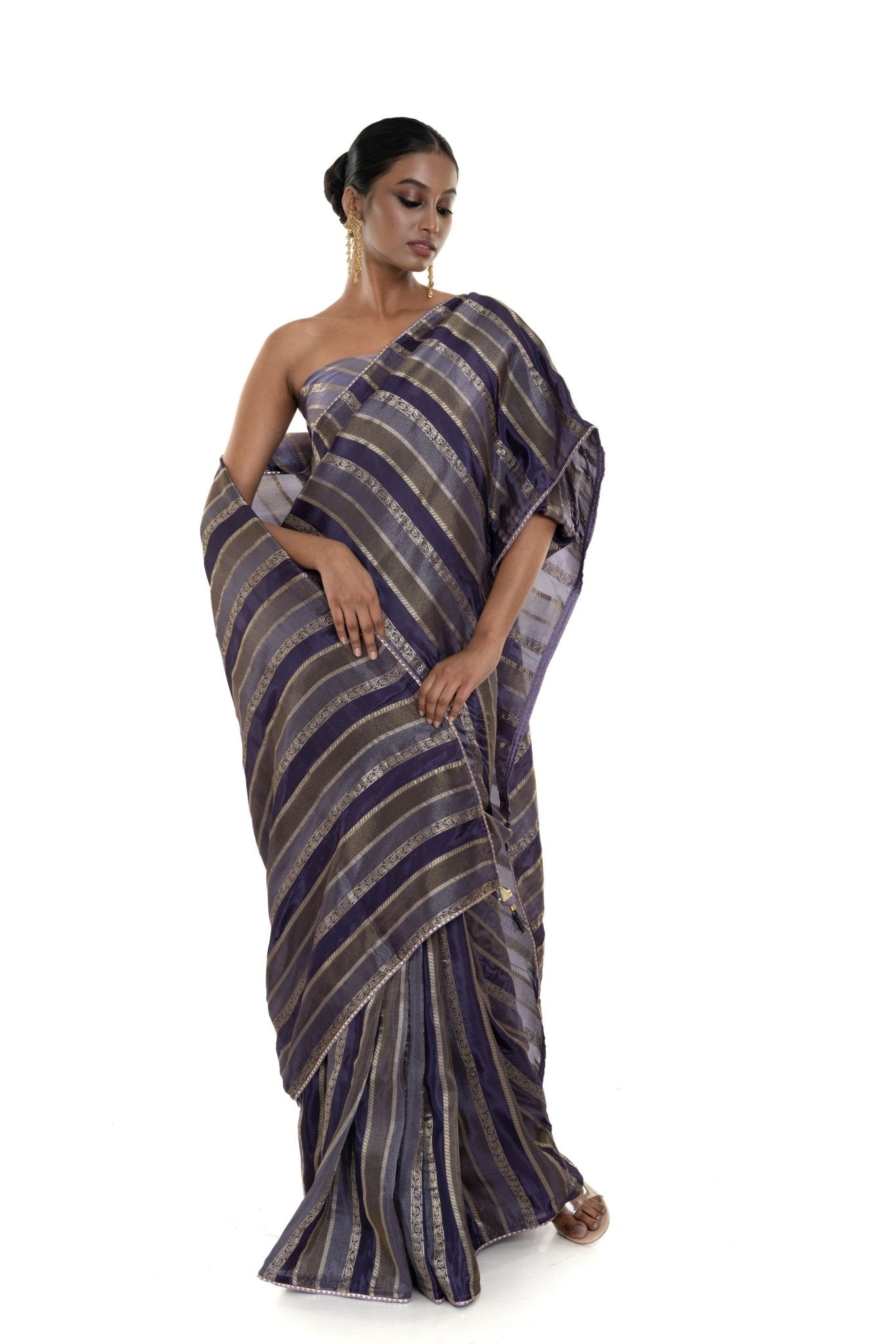 Blue and Silver Striped Woven Silk Saree with Unstitched Blouse Piece - Anvi Couture