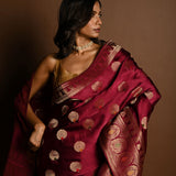 Wine Red Meenakari Mashru Satin Silk Handloom Banarasi Saree - Anvi Couture